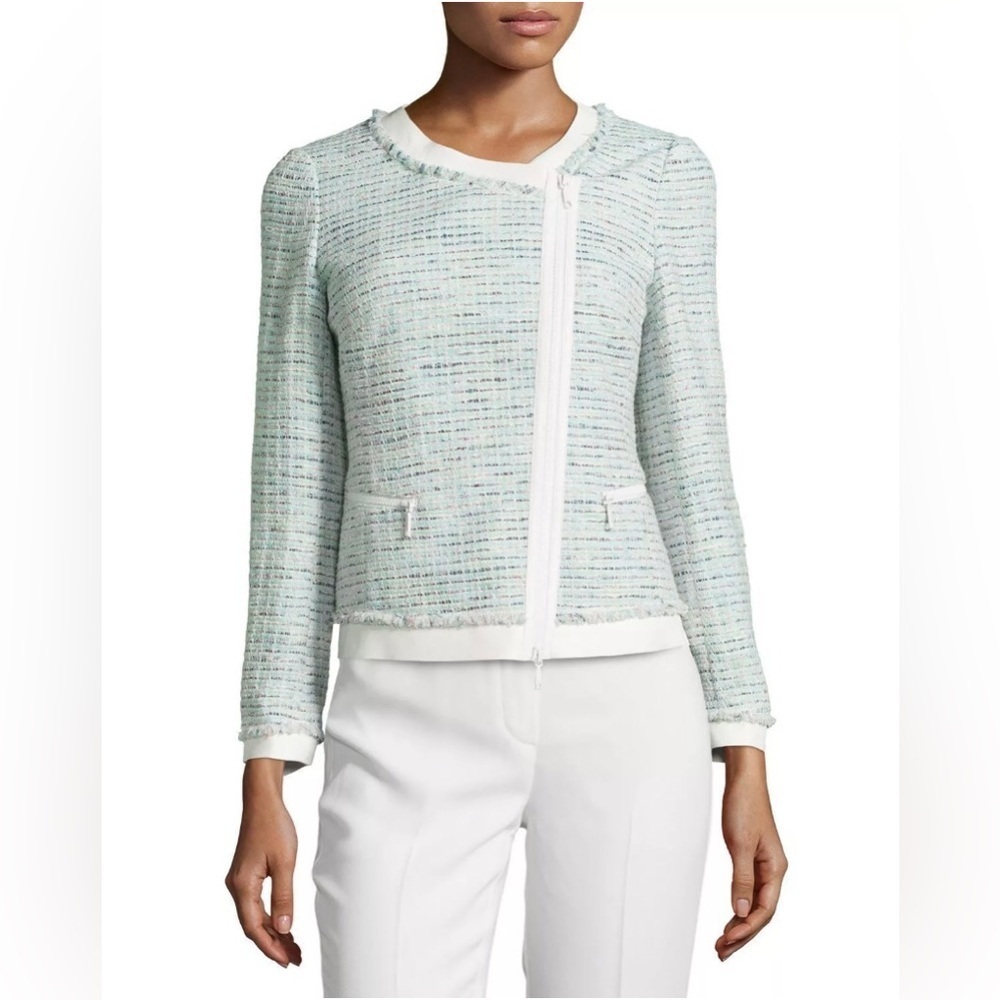 Lafayette 148 Asymmetric Zip Leather Trim Tweed Jacket Dewdrop Multi Size 8.